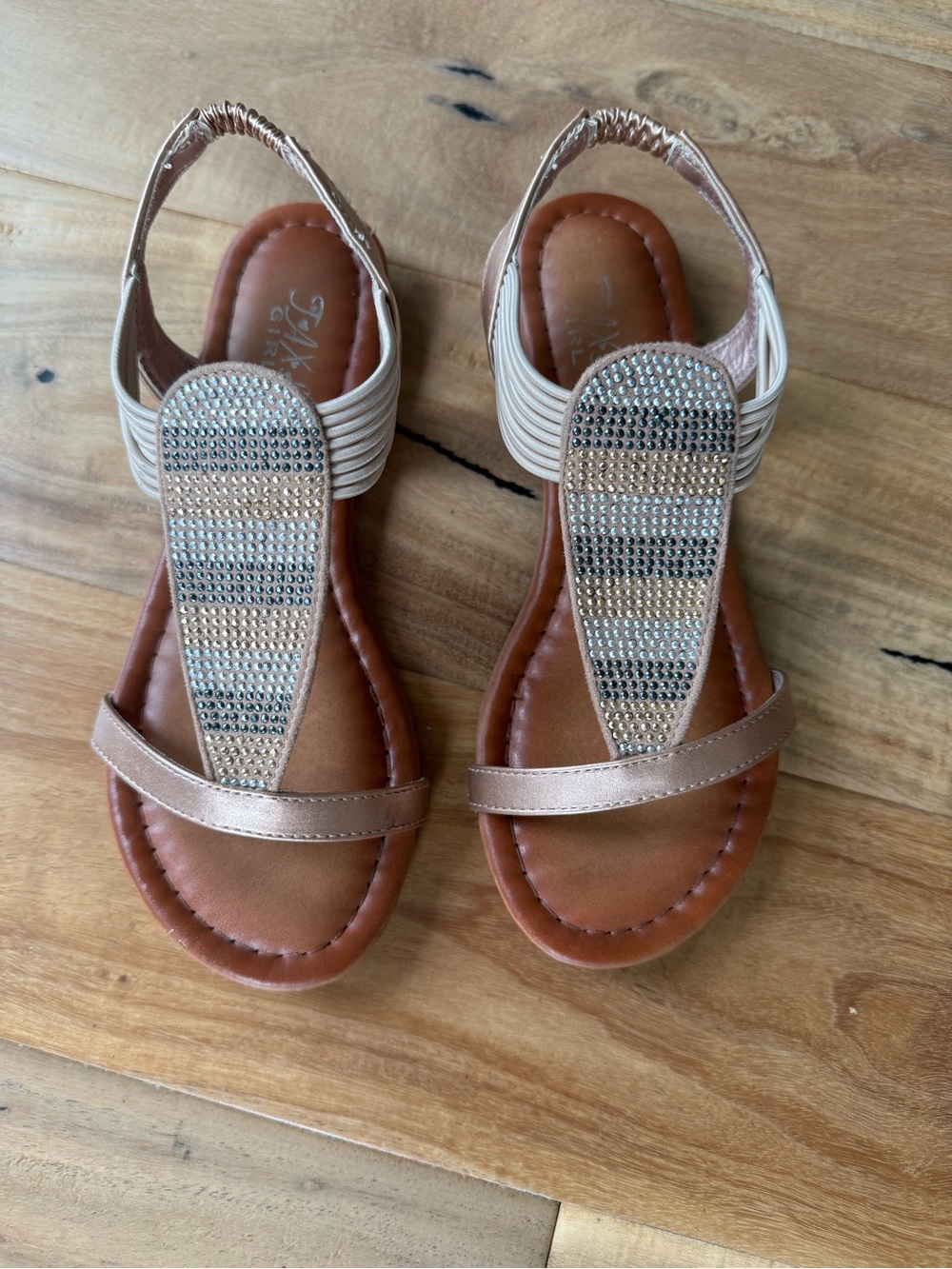 Girls' Rose Gold Beaded T-Strap Sandals